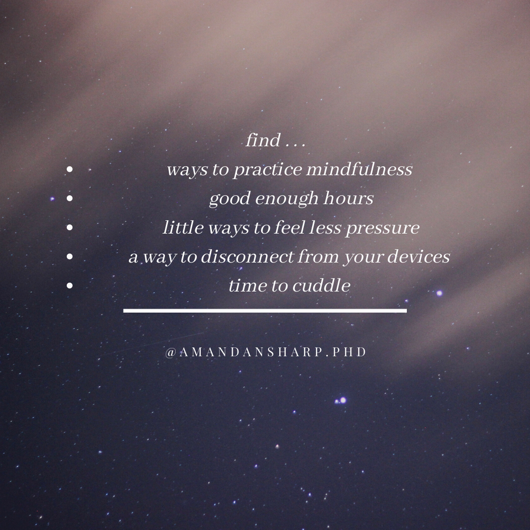 Soft, calming graphic with text about mindfulness, rest, disconnecting from devices, and slowing down, illustrating strategies to optimize the moment through presence and gentle self care.