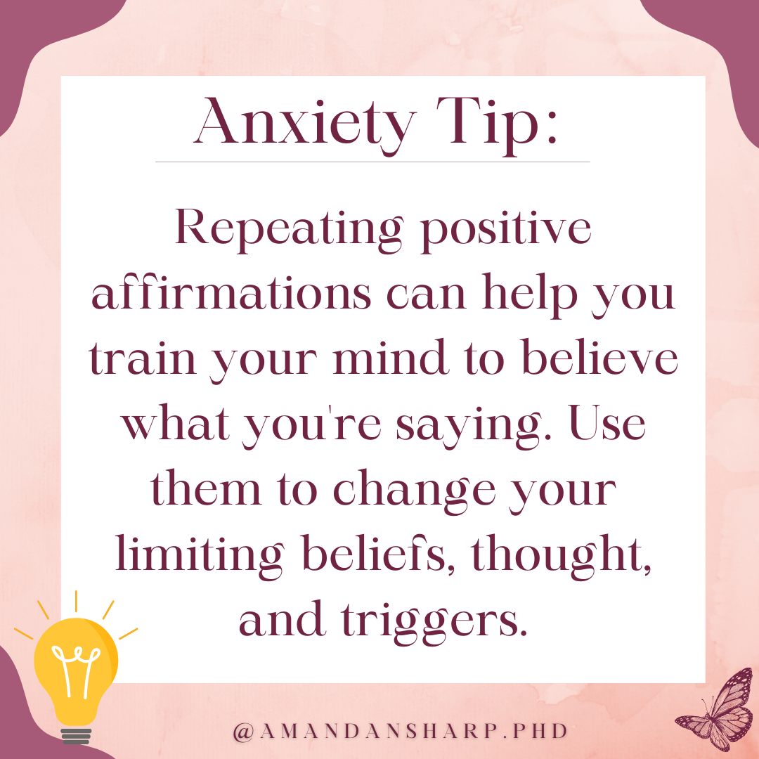 Anxiety Tip infographic with a lightbulb graphic: repeating positive affirmations can help retrain limiting beliefs — anxiety tips from Monarch Behavioral Health San Antonio