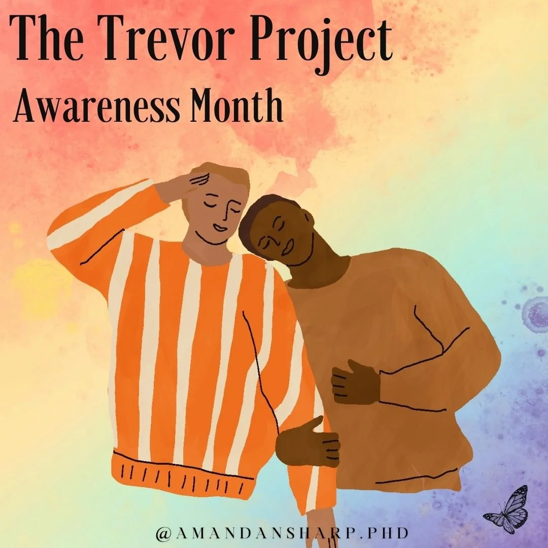 Graphic for the trevor project awareness month showing two people embracing against a colorful background, representing LGBTQ+ youth support and care