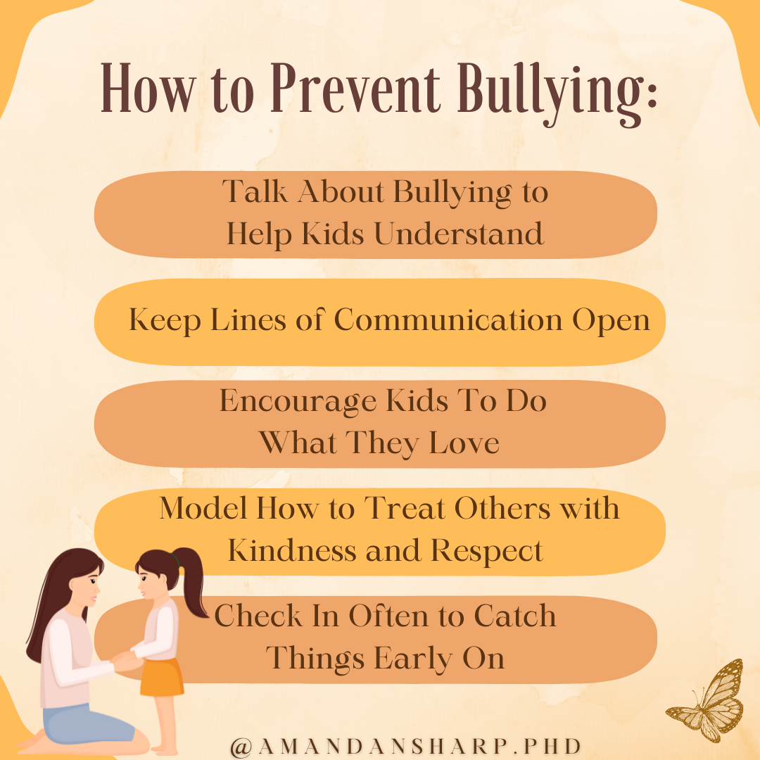 Graphic about how to prevent bullying with tips for open communication, kindness, checking in, and helping kids understand bullying