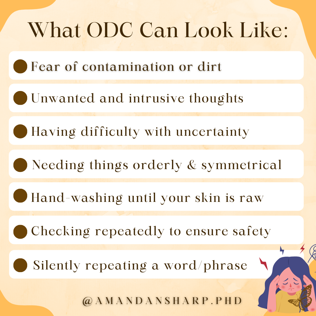 Graphic explaining what OCD can look like, including intrusive thoughts, fear of contamination, checking, hand washing, and difficulty with uncertainty