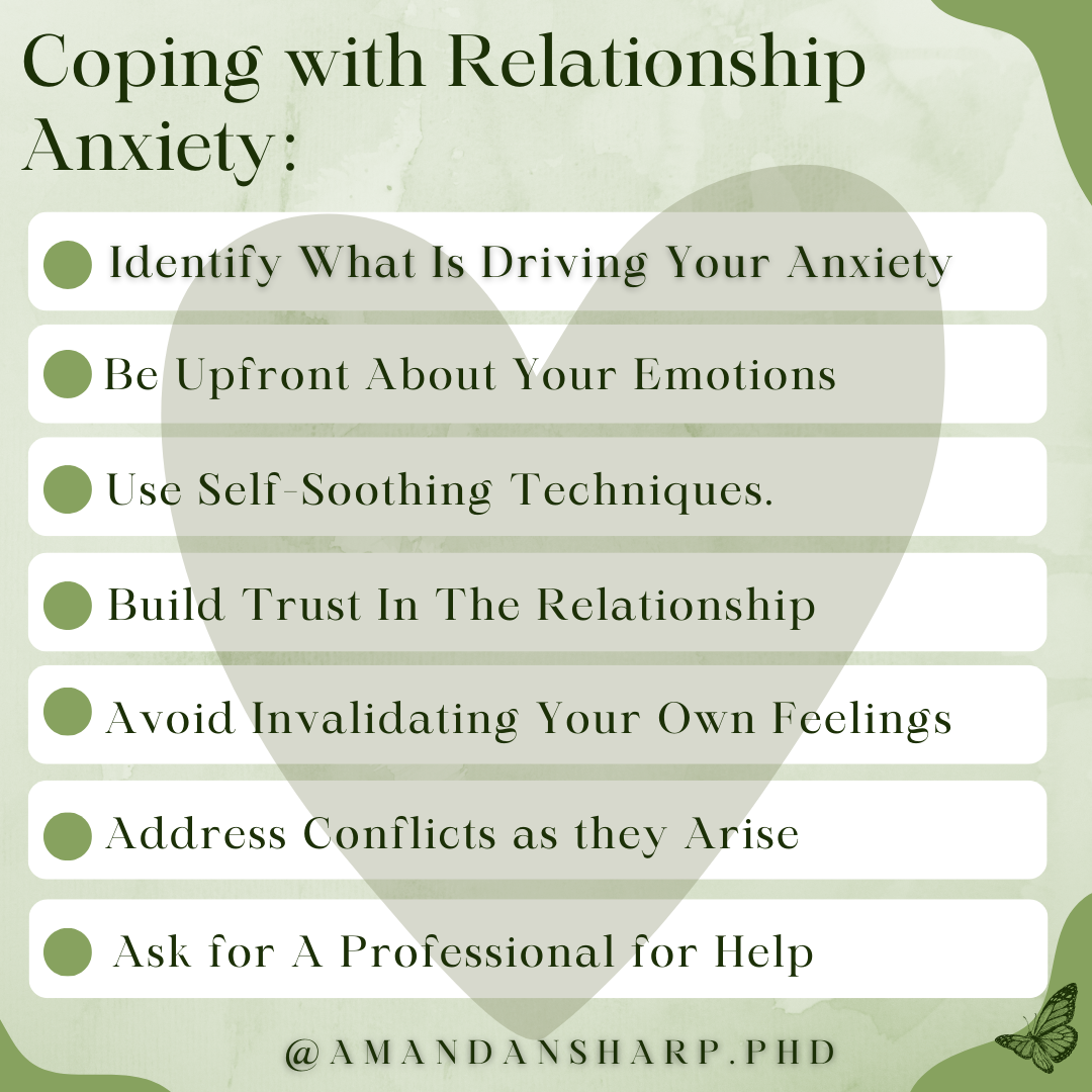 Graphic about relationship anxiety with coping tips for identifying triggers, sharing emotions, self-soothing, building trust, and asking for professional help