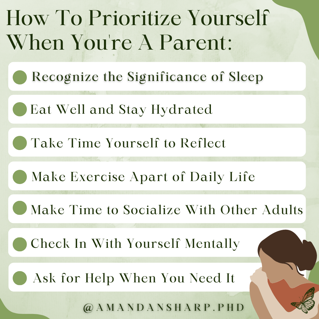 Graphic about prioritizing yourself as a parent with tips for sleep, hydration, reflection, exercise, social connection, mental check-ins, and asking for help