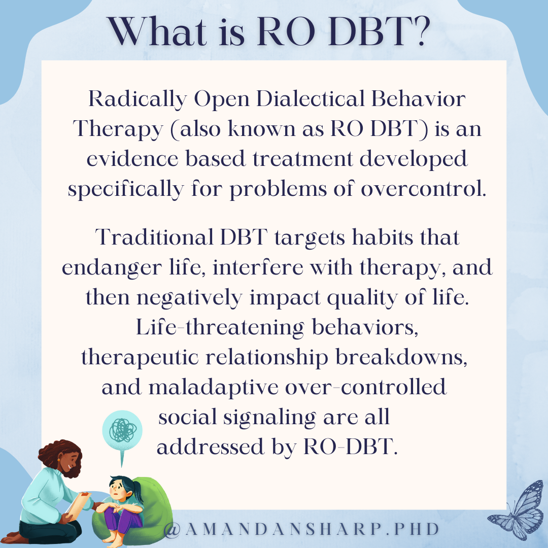 Graphic explaining what is RO DBT, including radically open dialectical behavior therapy, overcontrol, and therapy support
