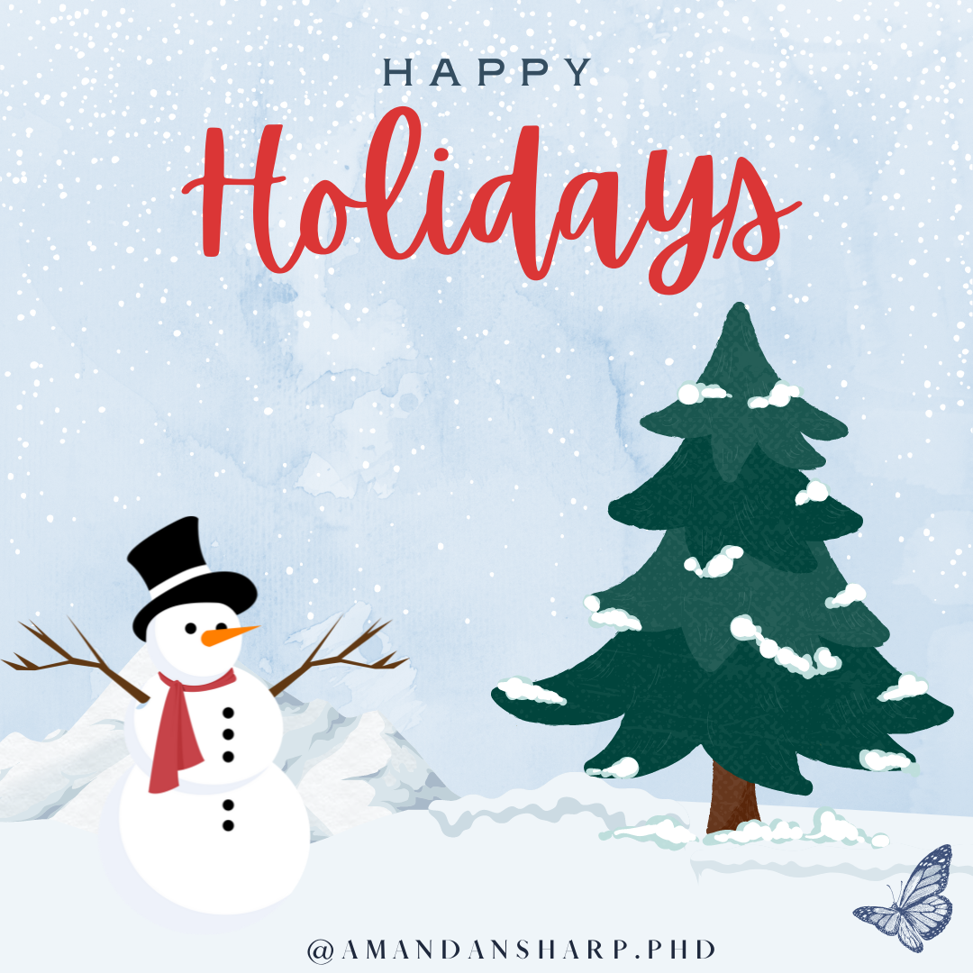 Graphic saying happy holidays with a snowman, snowy tree, and winter background, representing seasonal reflection and mental health support