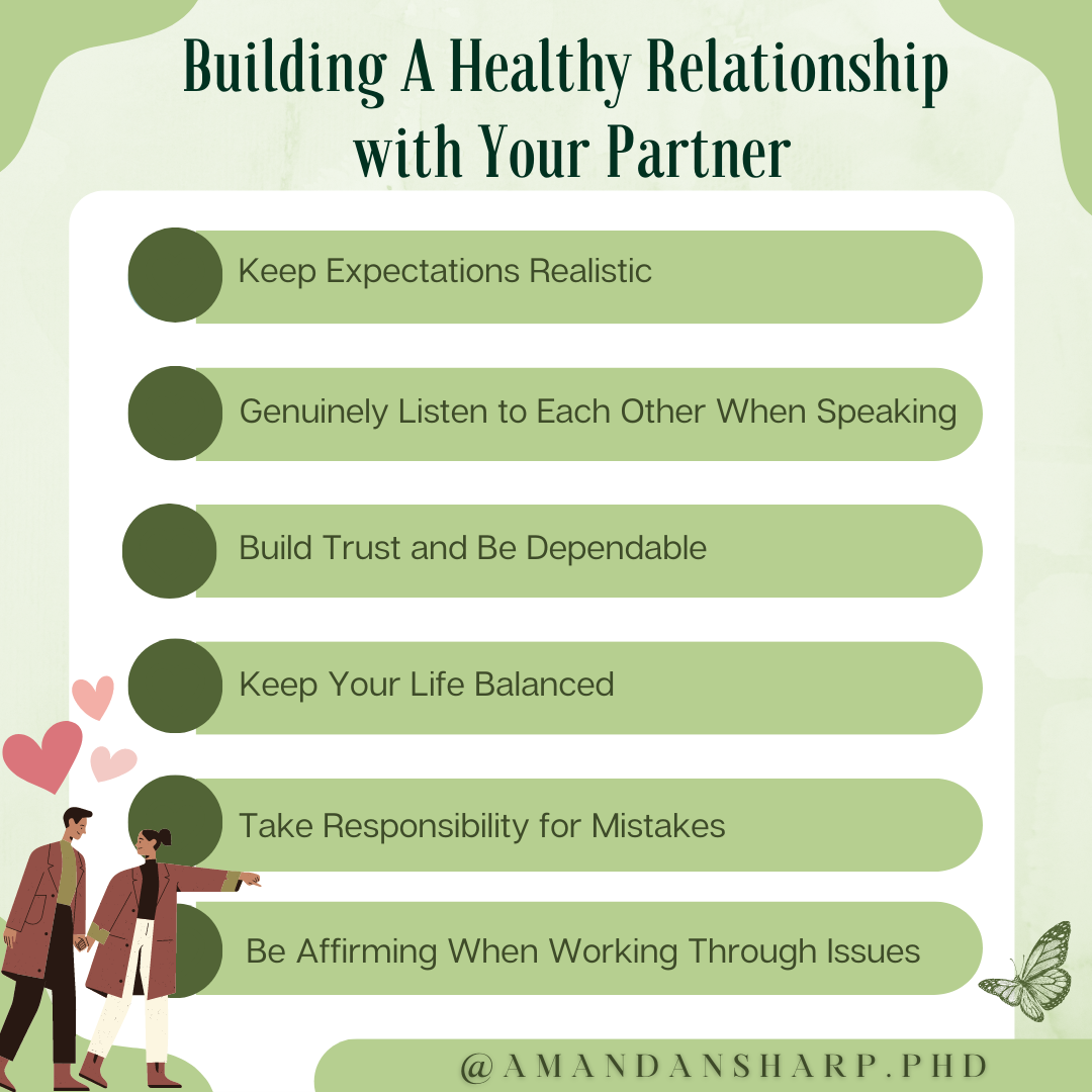 Graphic about building a trusting relationship with your partner through trust, listening, balance, accountability, and realistic expectations