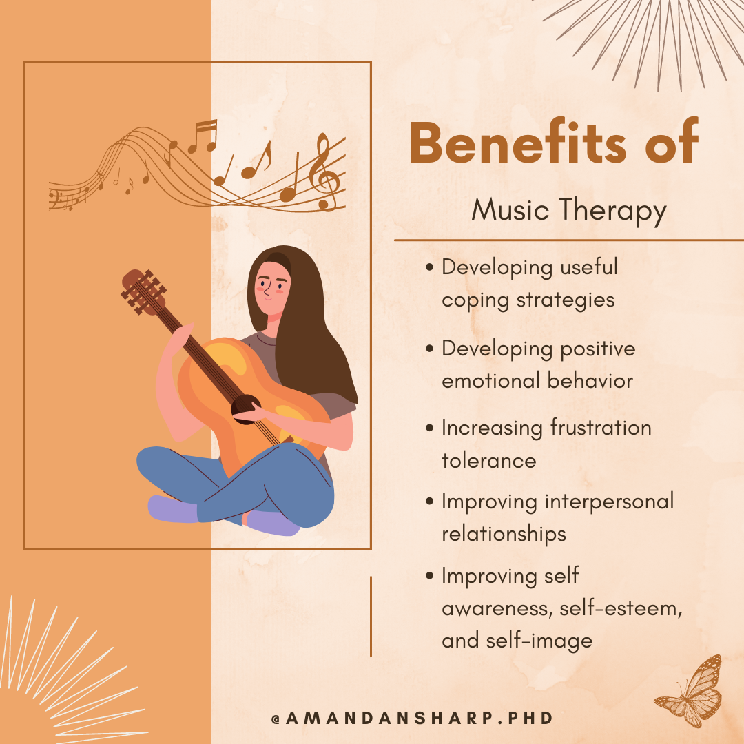Graphic about the benefits of music therapy, including coping strategies, emotional behavior, frustration tolerance, relationships, and self-awareness