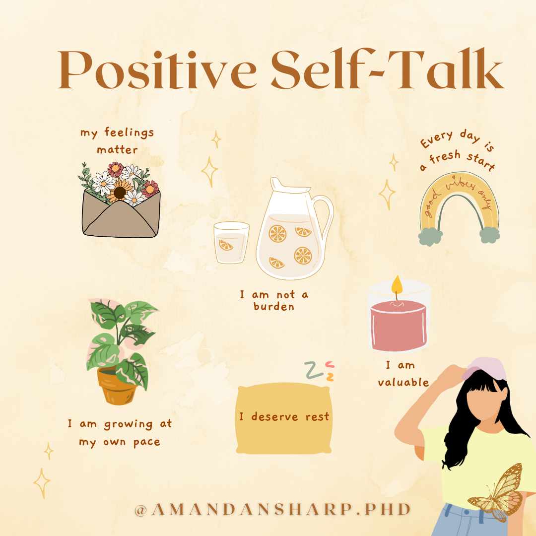 Graphic about positive self-talk with affirmations about feelings, rest, growth, value, and fresh starts