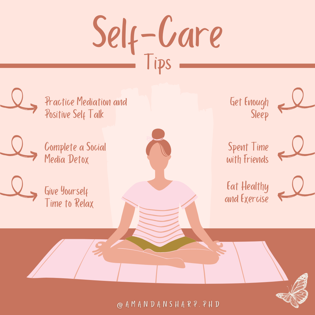 Graphic with self-care tips including meditation, positive self-talk, sleep, social media detox, relaxation, friends, healthy eating, and exercise