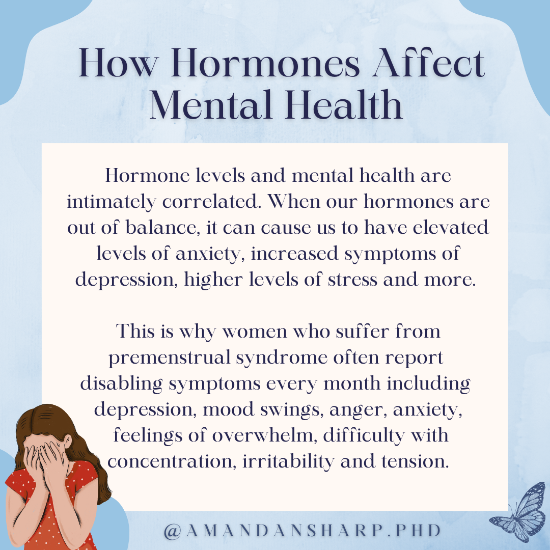Graphic explaining how hormones affect mental health, including anxiety, depression, stress, overwhelm, concentration, and irritability