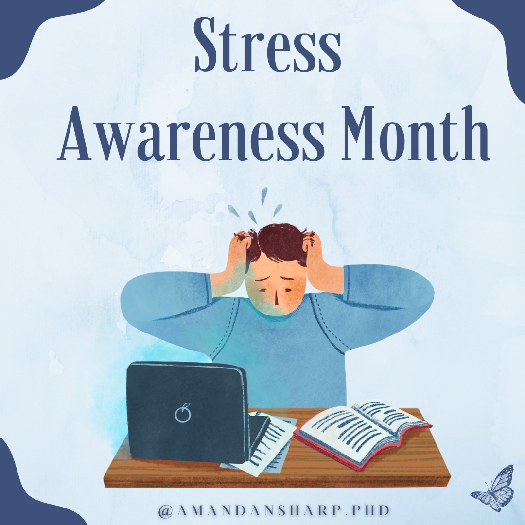 Graphic for Stress Awareness Month showing a stressed person at a desk with a laptop and open book