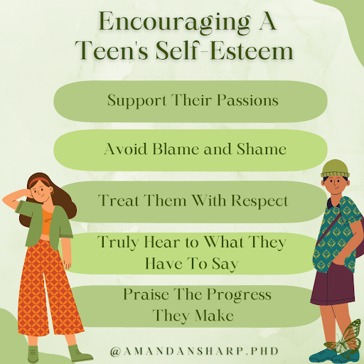 Graphic with tips for helping teens with self-esteem through support, listening, respect, and avoiding shame