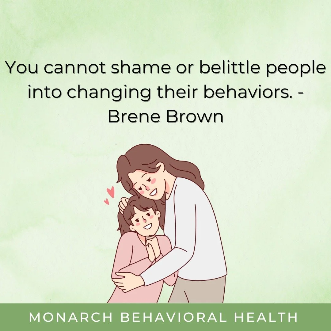 Illustration of a caregiver hugging a child with a quote about shame, behavior change, and empathy