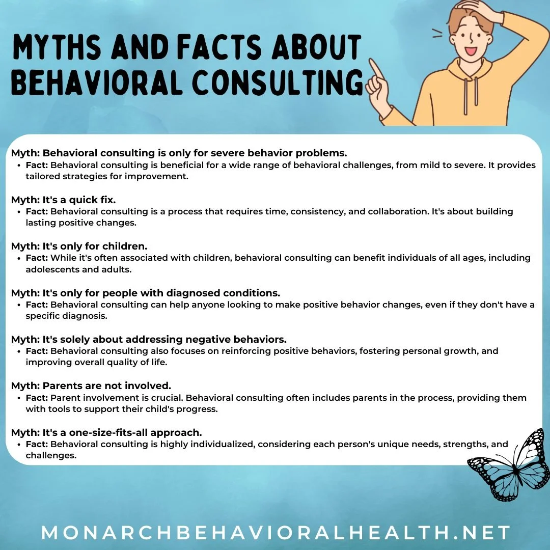 Illustration with myths and facts about behavioral consulting for children, adults, parents, and behavior change