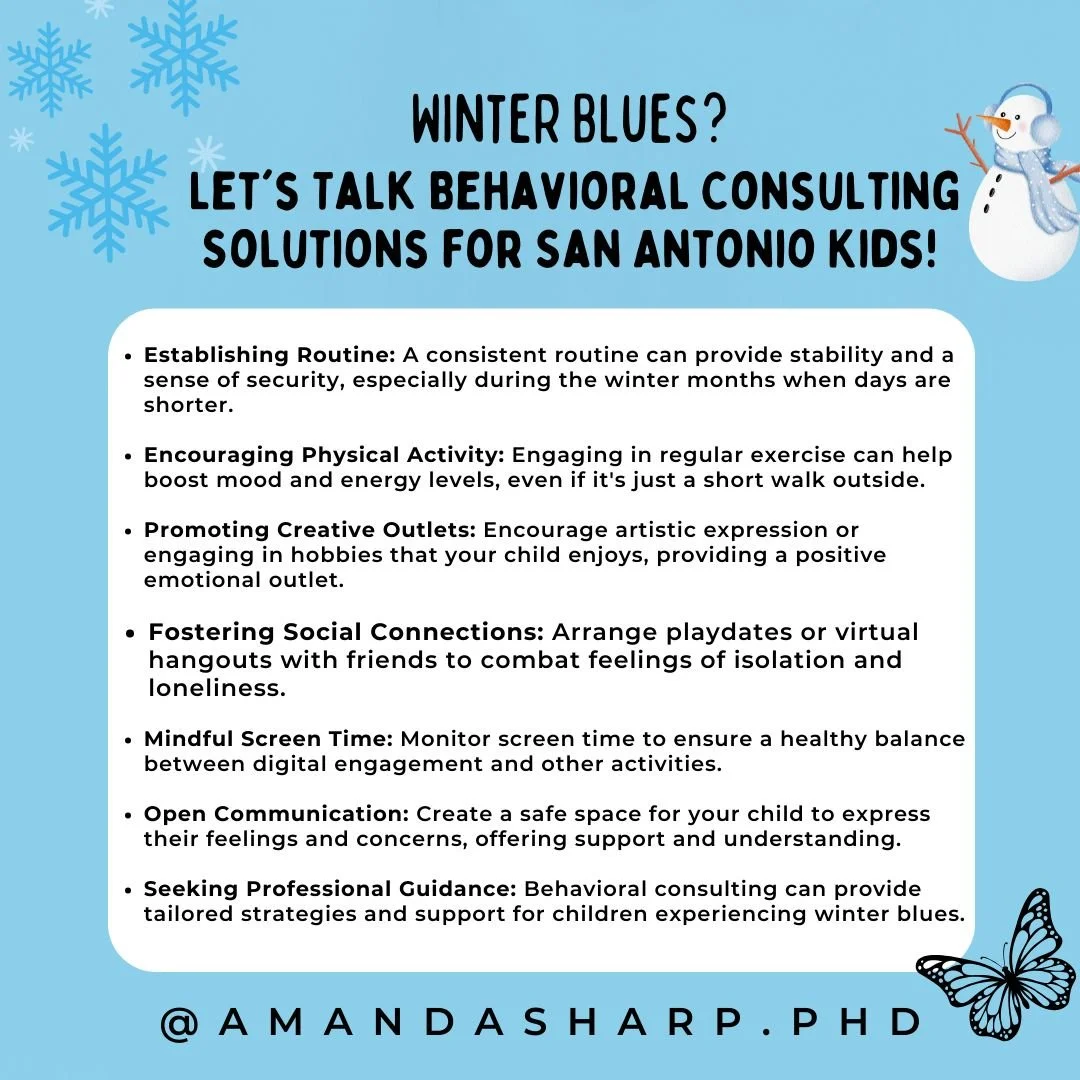 Winter-themed graphic with tips for helping kids manage winter blues through routines, movement, creativity, and support