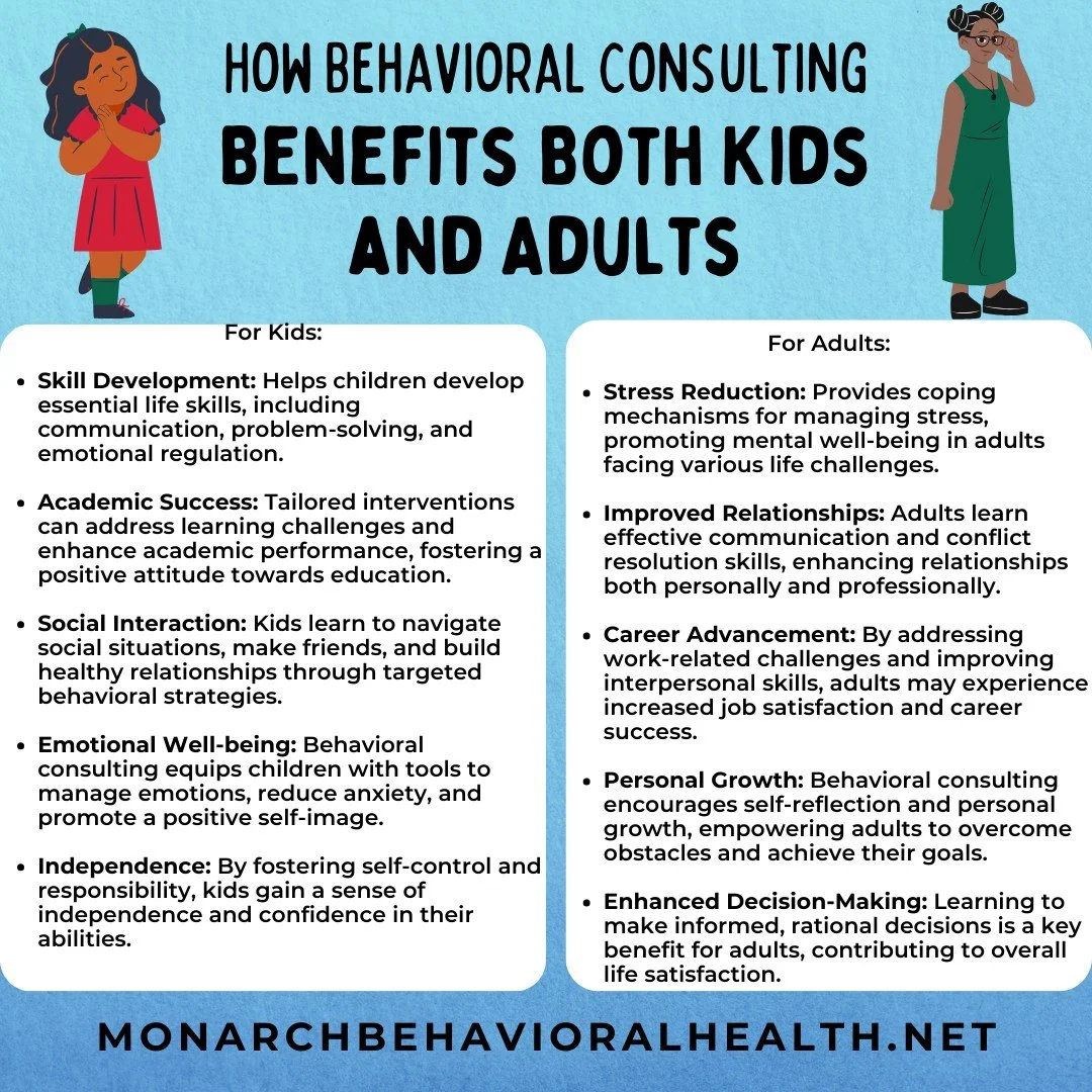 Illustration explaining how behavioral consulting benefits both kids and adults through emotional well-being, relationships, and life skills