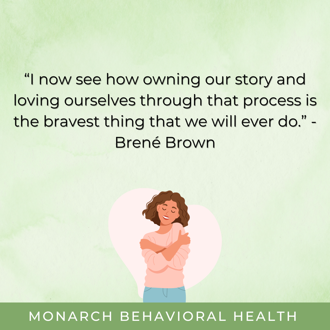 Illustration of a woman hugging herself with a quote about self-love and owning your story