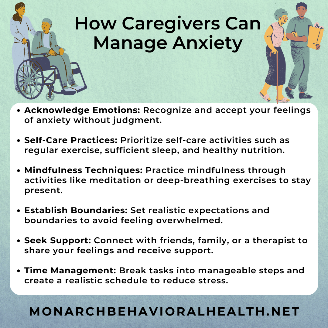 Illustration of caregivers supporting older adults with tips on how caregivers can manage anxiety