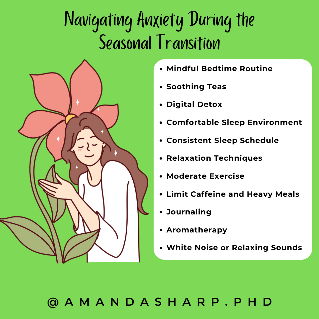 Illustration of a calm woman beside a flower with tips for navigating anxiety during seasonal transitions