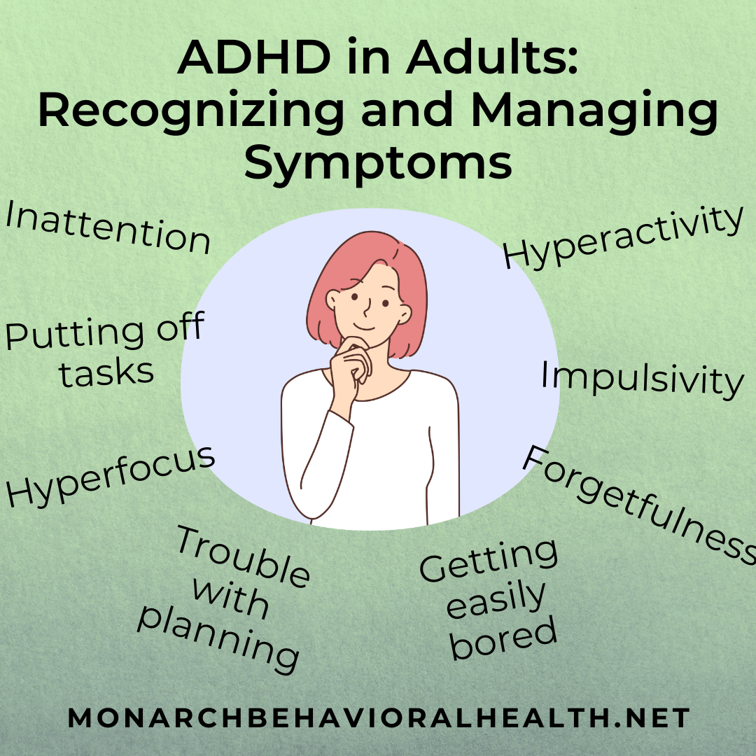 Illustration highlighting common ADHD in adults symptoms including inattention, hyperactivity, impulsivity, forgetfulness, hyperfocus, procrastination, boredom, and difficulty planning.