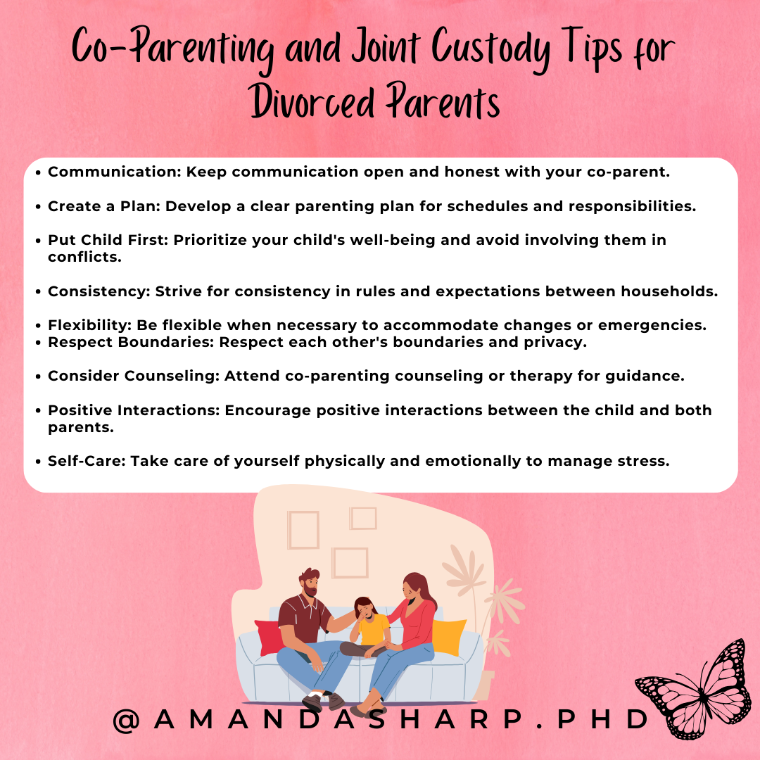 Graphic sharing co-parenting and joint custody tips for divorced parents focused on communication, consistency, and child well-being