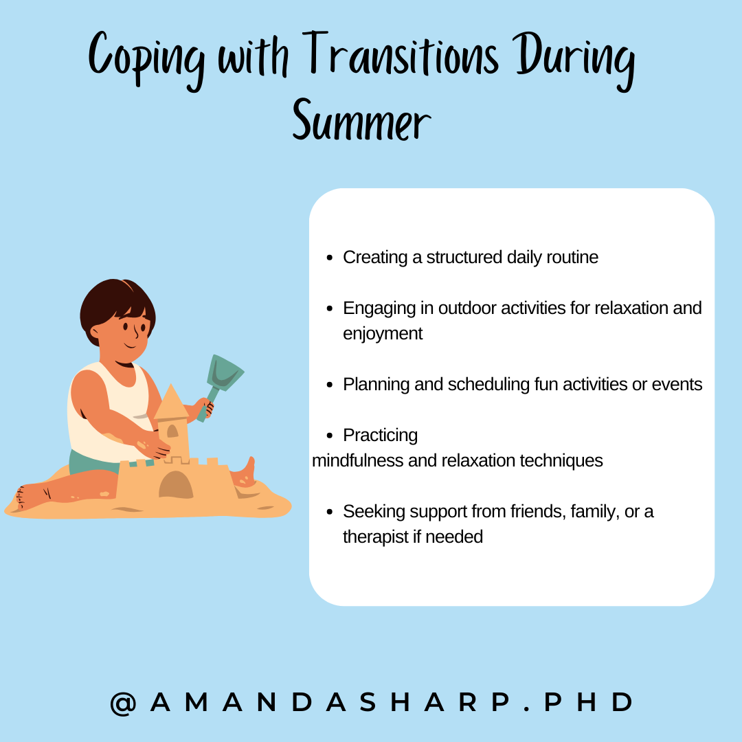 Illustration about coping with transitions during summer featuring strategies like structured routines, mindfulness, outdoor activities, and emotional support during seasonal changes