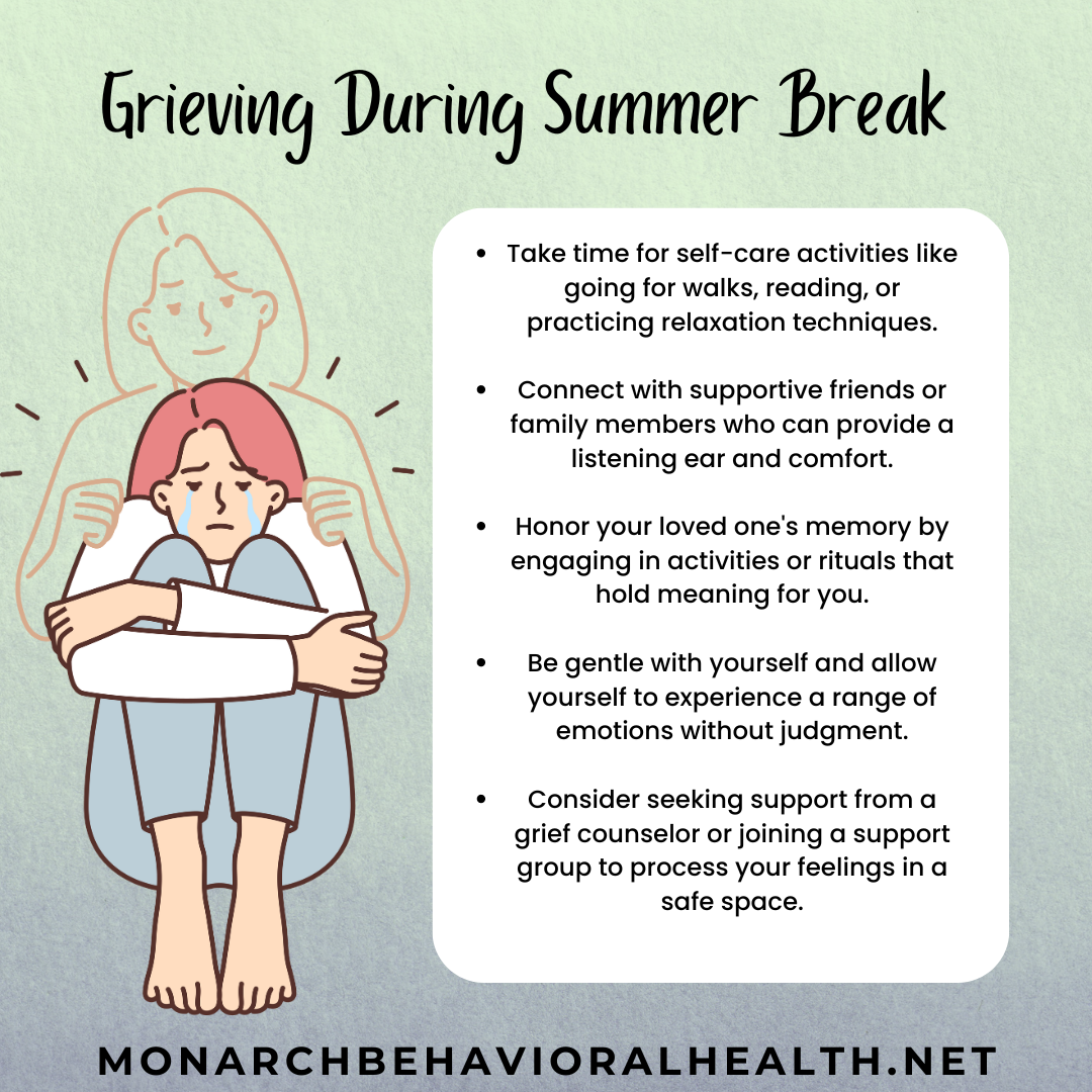 Graphic about grieving during summer break featuring emotional support, self-care, and coping with loss during the summer season