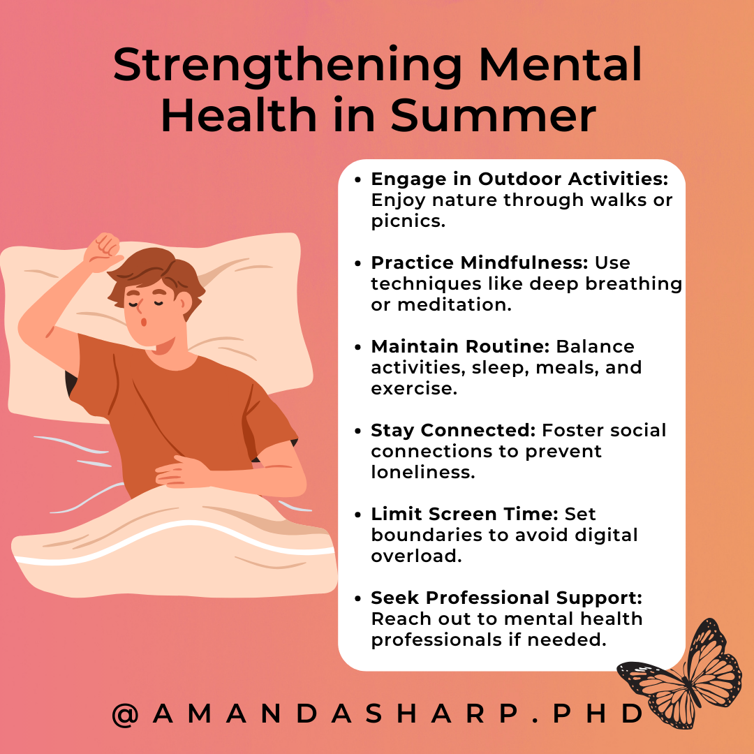 Graphic about strengthening mental health in summer featuring self-care habits, mindfulness, and healthy daily routines