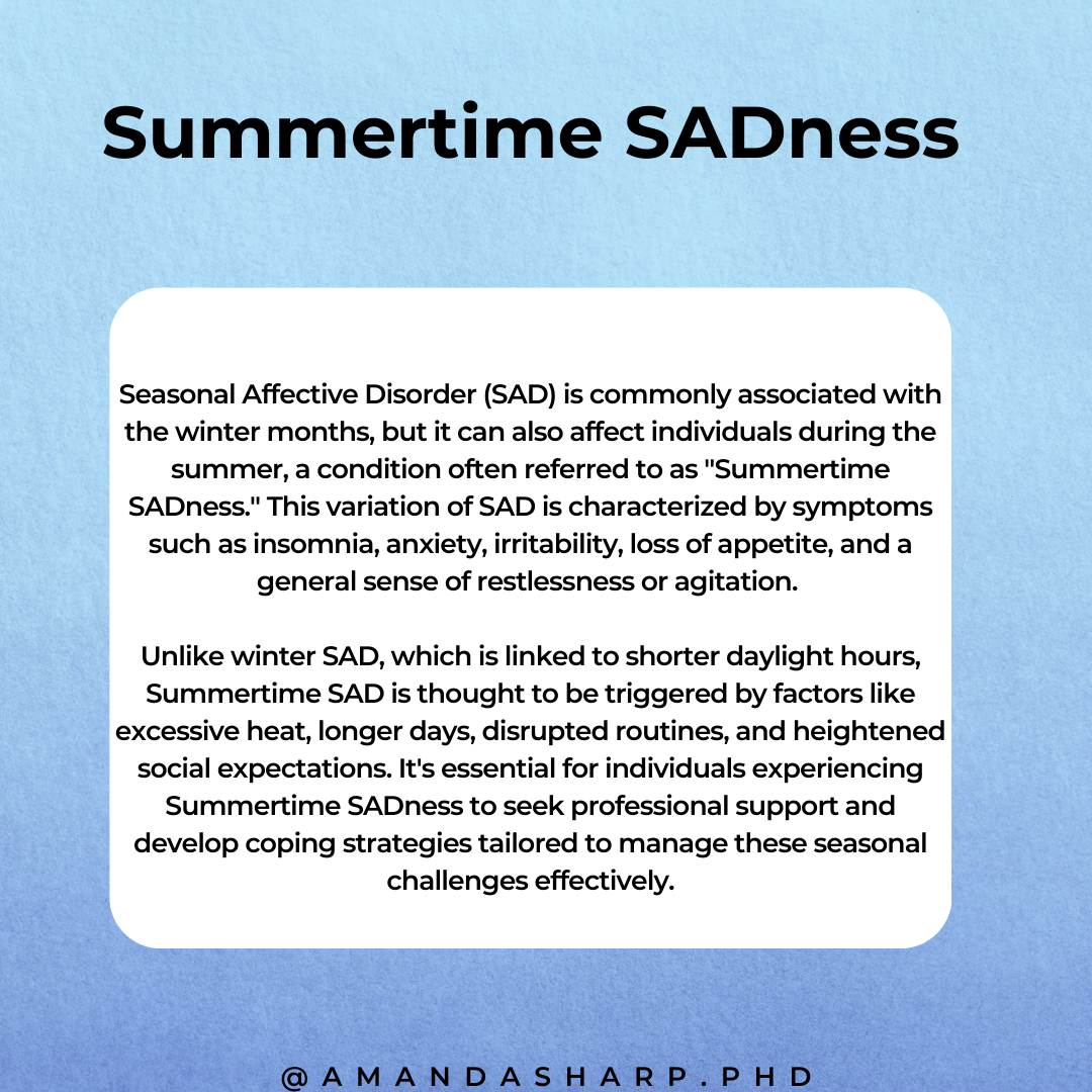 Graphic explaining summertime sadness and how seasonal affective disorder can impact mental health during summer months with symptoms like anxiety, insomnia, and irritability