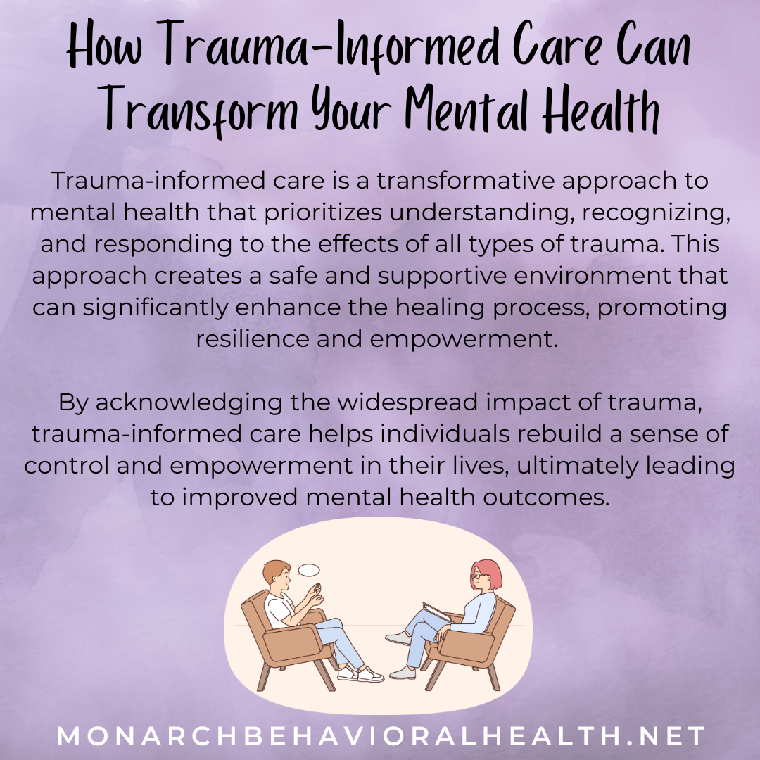 Graphic explaining how trauma-informed care can transform your mental health through supportive therapy, healing, and emotional empowerment
