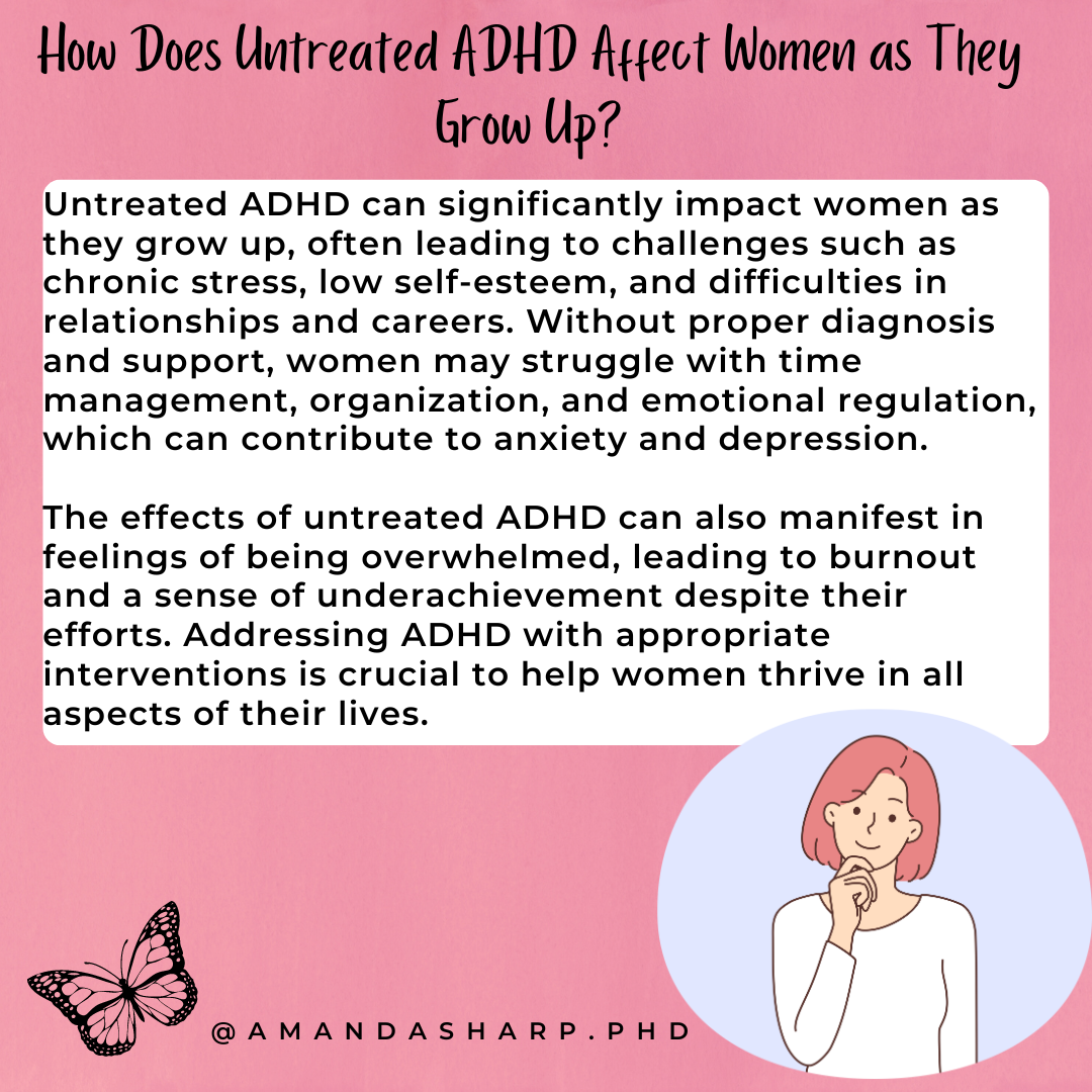 Infographic explaining how untreated ADHD affects women including stress low self-esteem and challenges in daily life