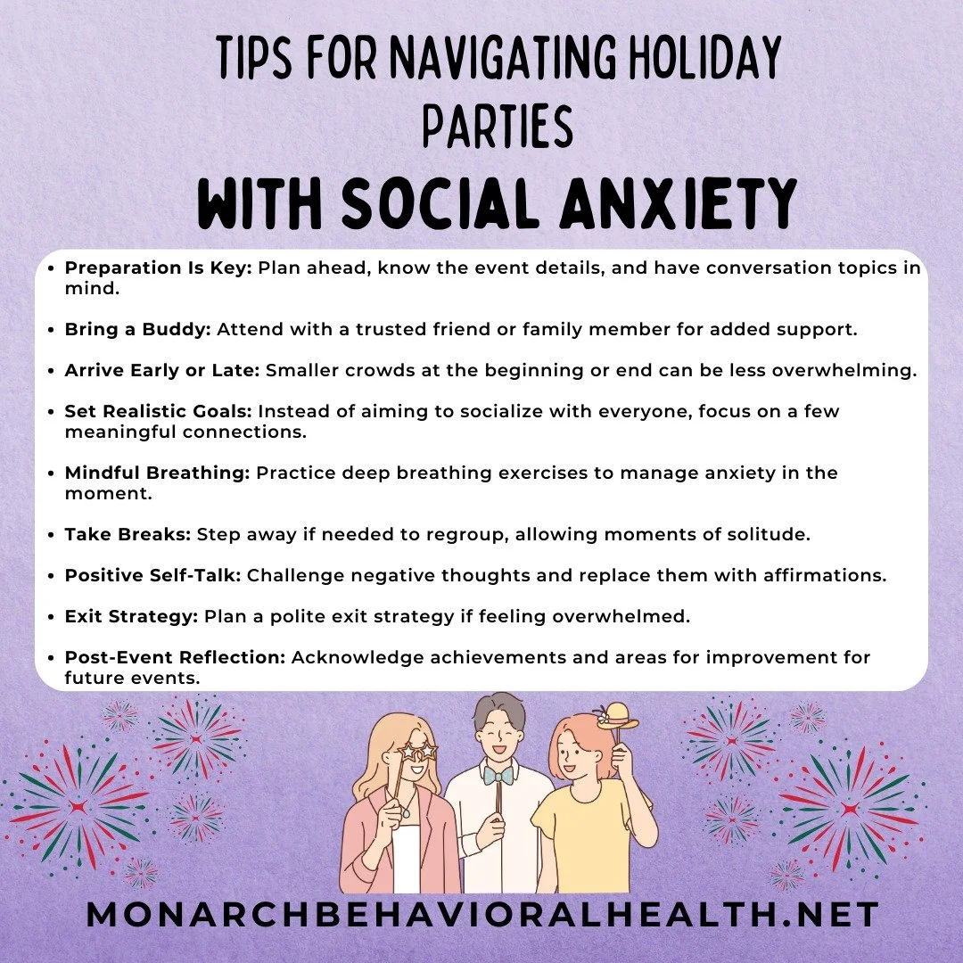Graphic titled “Tips for Navigating Holiday Parties With Social Anxiety,” listing practical strategies like planning ahead, bringing support, mindful breathing, taking breaks, and setting realistic goals for social events.