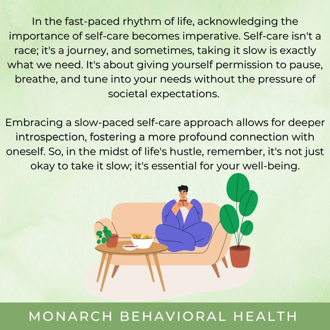 Illustration of a person sitting calmly on a couch with a drink and plants nearby, reflecting slow paced self care and the importance of pausing, breathing, and slowing down to support mental wellbeing.