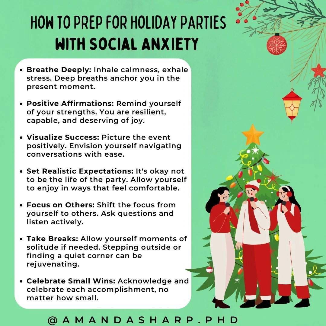 Graphic titled “How to Prep for Holiday Parties With Social Anxiety,” listing practical tips like deep breathing, setting expectations, taking breaks, and celebrating small wins, alongside illustrated people at a holiday gathering.