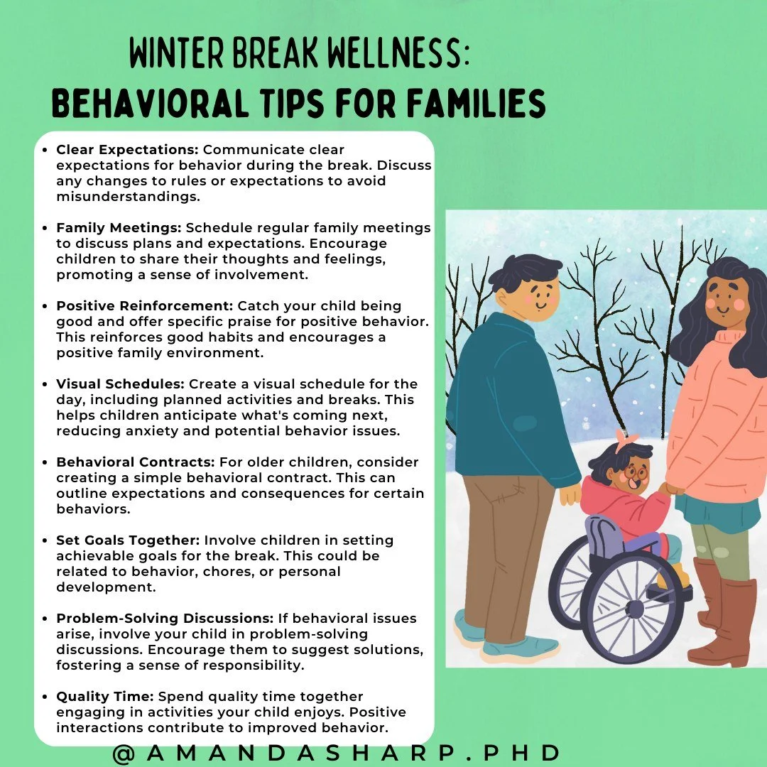 Graphic titled “Winter Break Wellness: Behavioral Tips for Families,” listing strategies like clear expectations, visual schedules, positive reinforcement, and quality time, alongside an illustration of a family together outdoors.