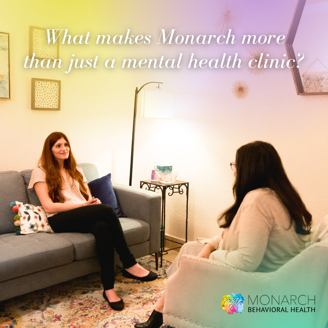 Therapist and client seated in a warm counseling office, engaged in conversation, illustrating more than a clinic through values of connection, care, and a welcoming therapy environment.