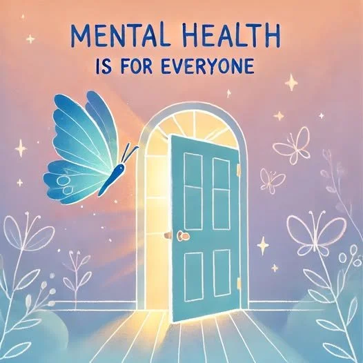 Illustrated open door with light streaming out and a butterfly nearby, symbolizing that mental health is for everyone and that support and care are open and accessible to all.