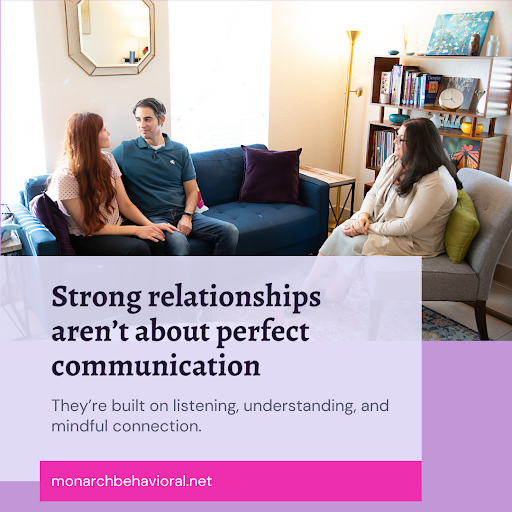 Couple sitting with a therapist in a calm office setting, illustrating intentional connection through listening, understanding, and mindful communication in relationships.