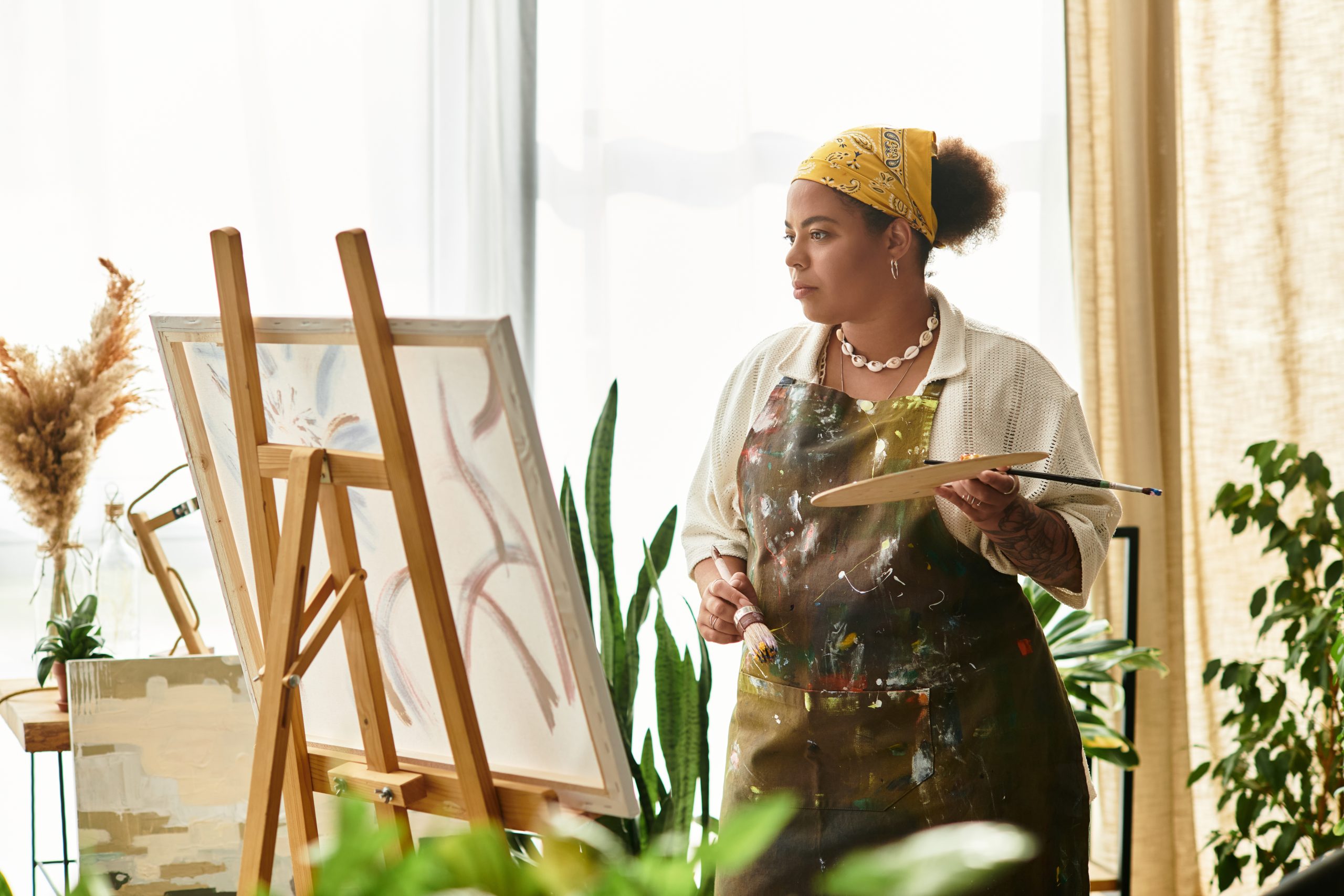 A beautiful woman engages in her artistic craft amidst vibrant plants in a sunny workshop space.