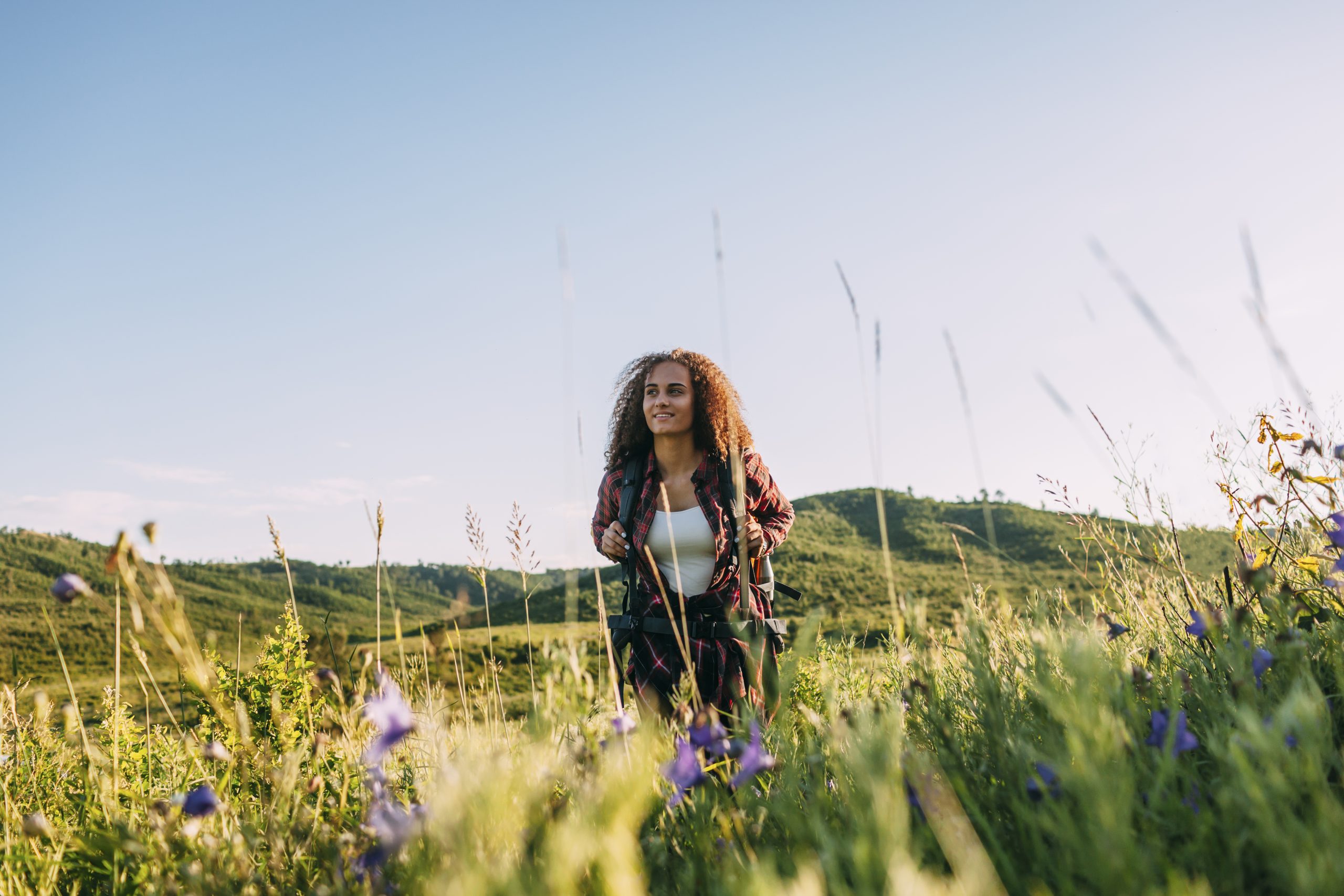 Person walking through a wildflower meadow with hills in the background.
