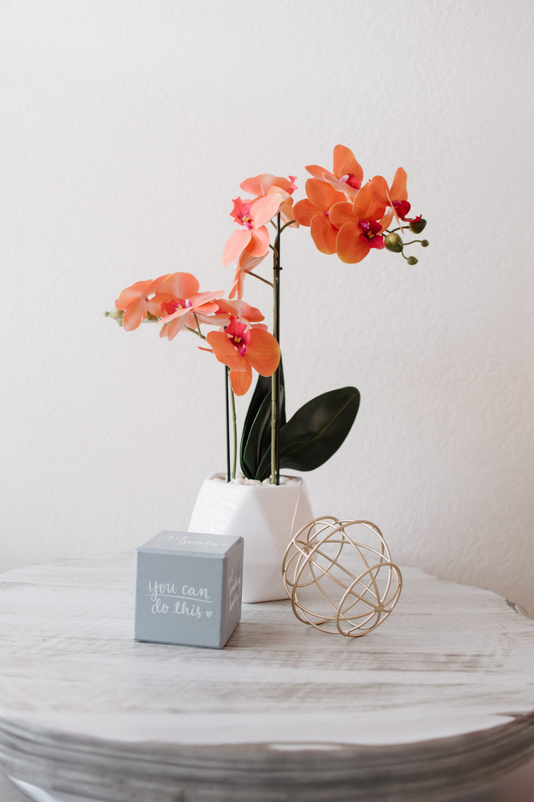Orange orchid in a white vase styled for Monarch brand photography.