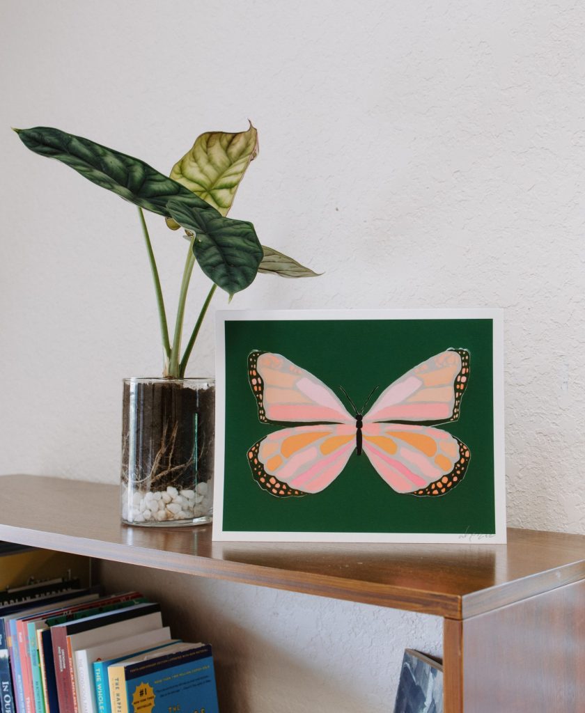 Green plant and framed butterfly artwork styled on a small shelf.
