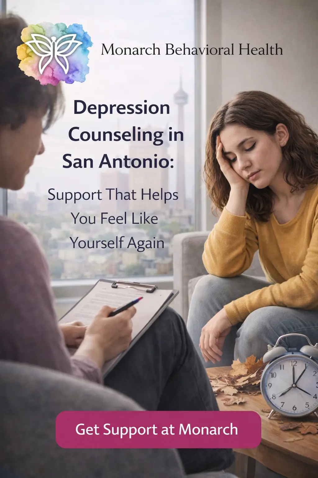 Woman in a therapy session with a licensed therapist, illustrating depression counseling in San Antonio and personalized mental health treatment.