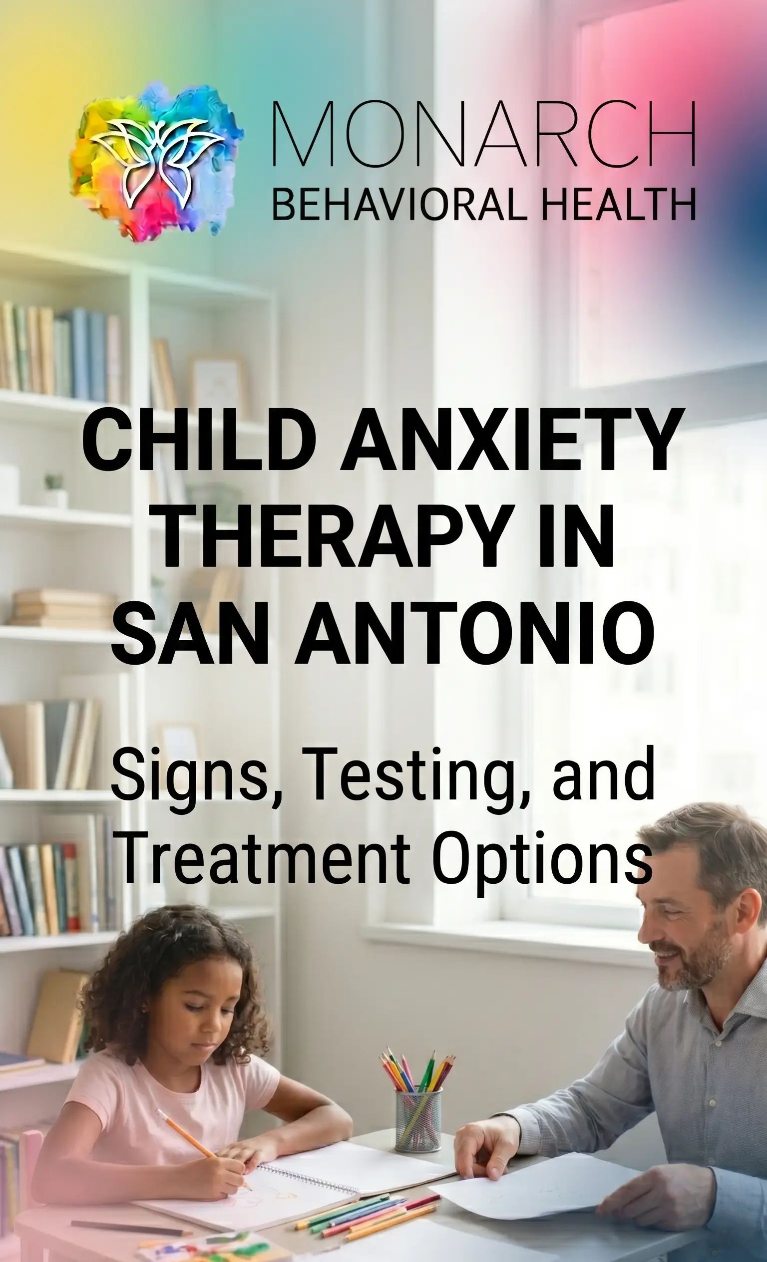 Child anxiety therapy in San Antonio session with therapist and young child drawing in a calm counseling environment