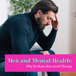 A bearded man with neck tattoos in a black turtleneck sits hunched over with his hand pressed to his temple, looking downward in distress illustrating why so many men avoid seeking men's therapy in San Antonio, featured by Monarch Behavioral Health