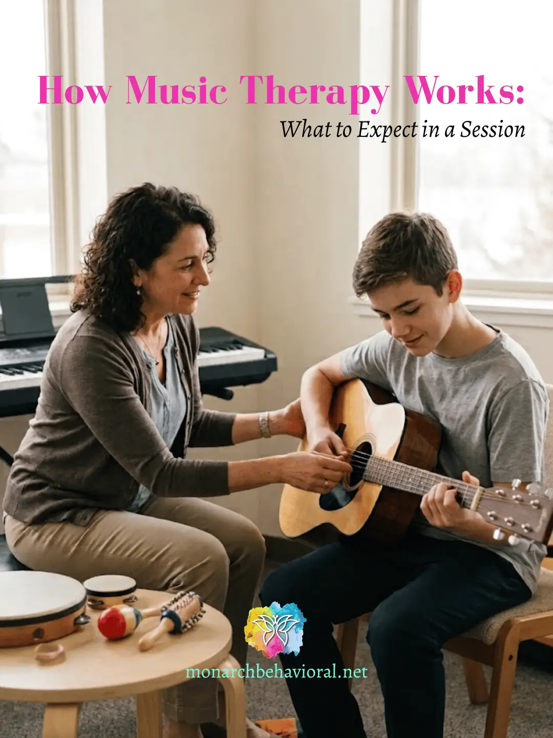 Therapist guiding a teen through guitar during a session, showing how music therapy works — Monarch Behavioral Health