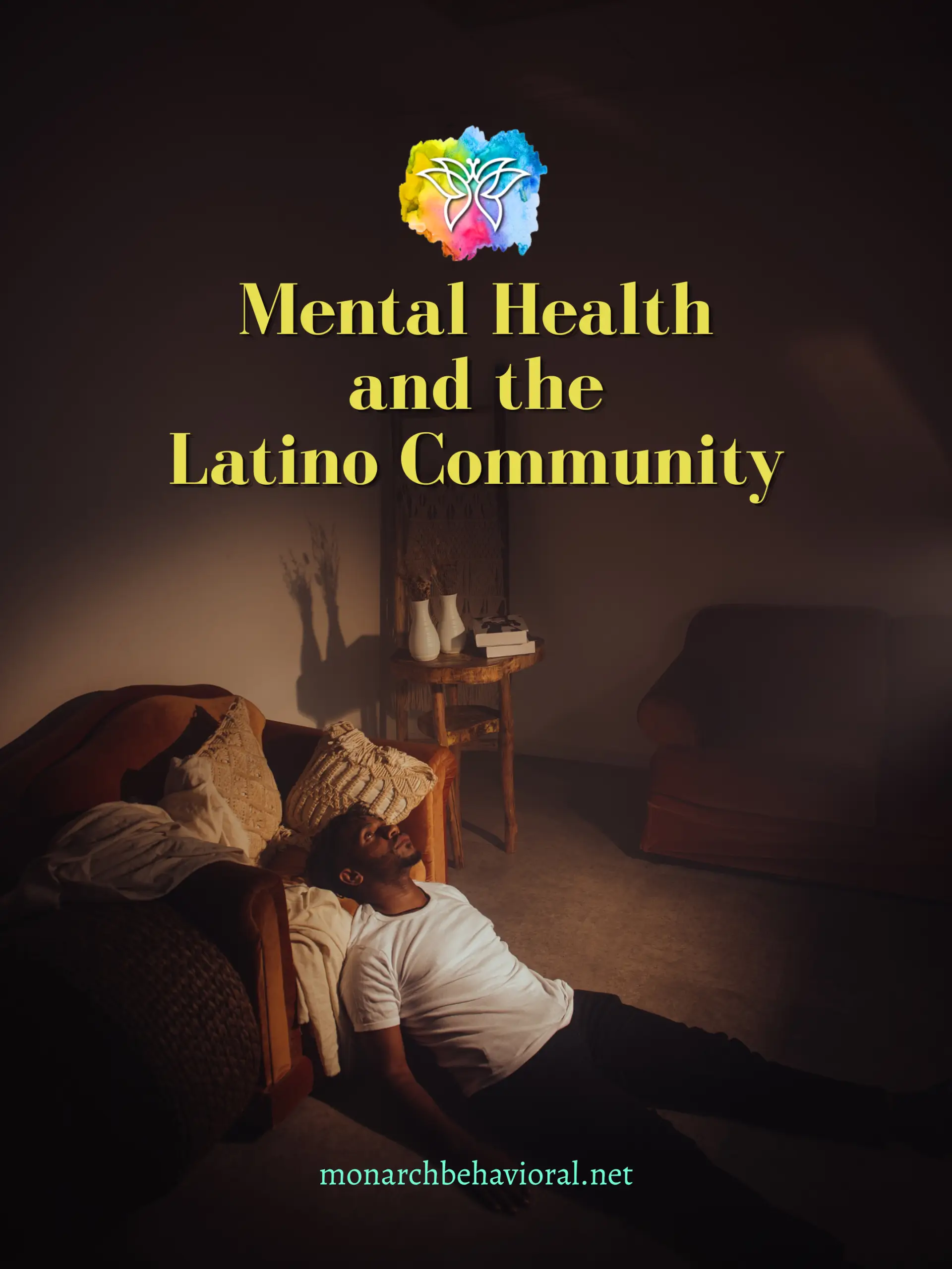 Mental health and the Latino community illustrated by a man sitting on the floor in quiet reflection at home